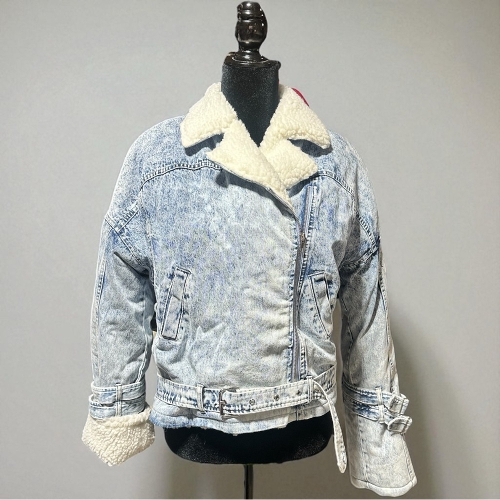 Mebon Sherpa-Lined Denim Jacket NWT Blue Acid Wash Jean Coat Size L